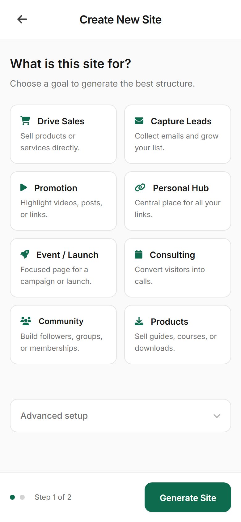 Create New Site preview