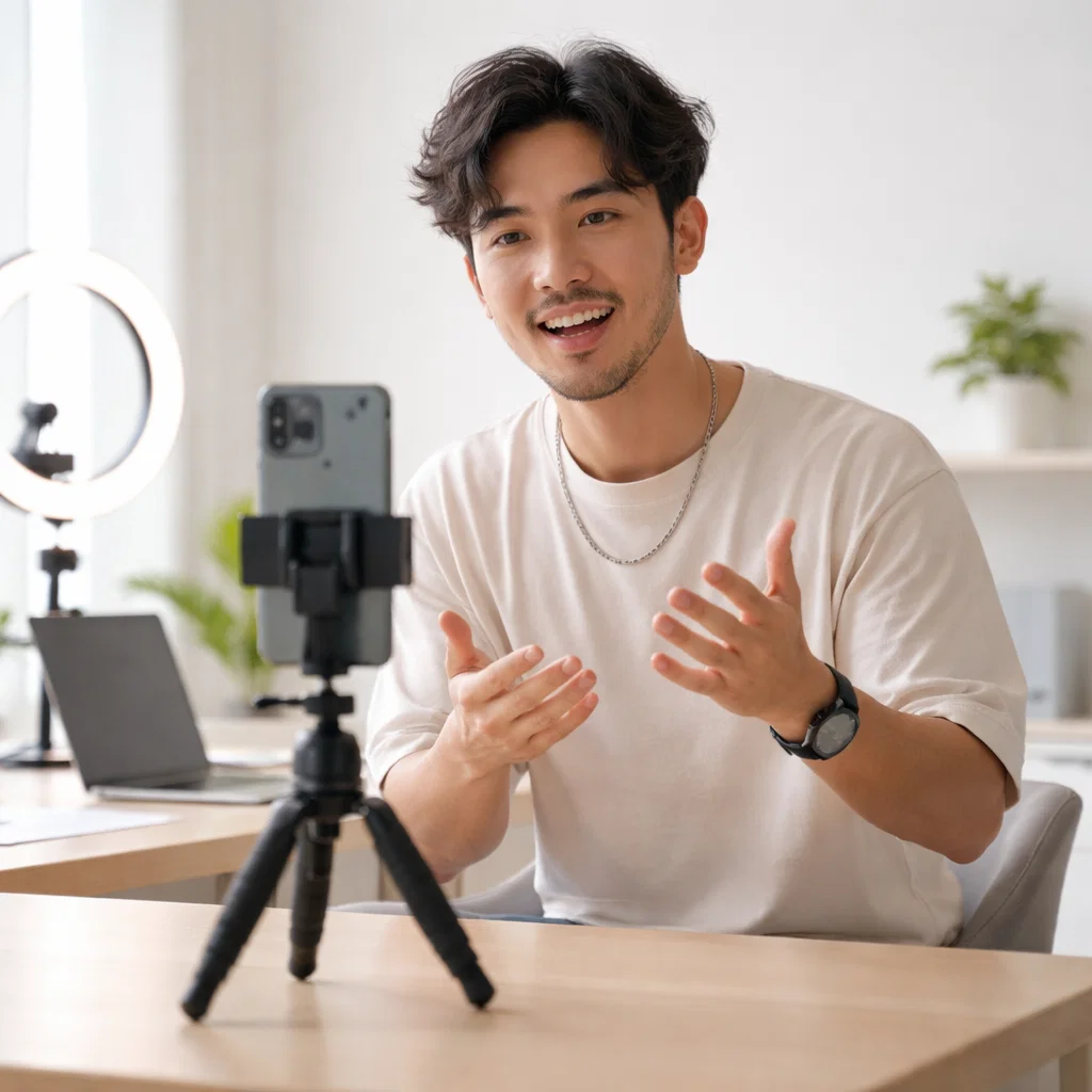 Content creator recording a short video at home