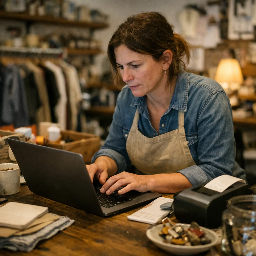 Small business owner working behind a shop counter